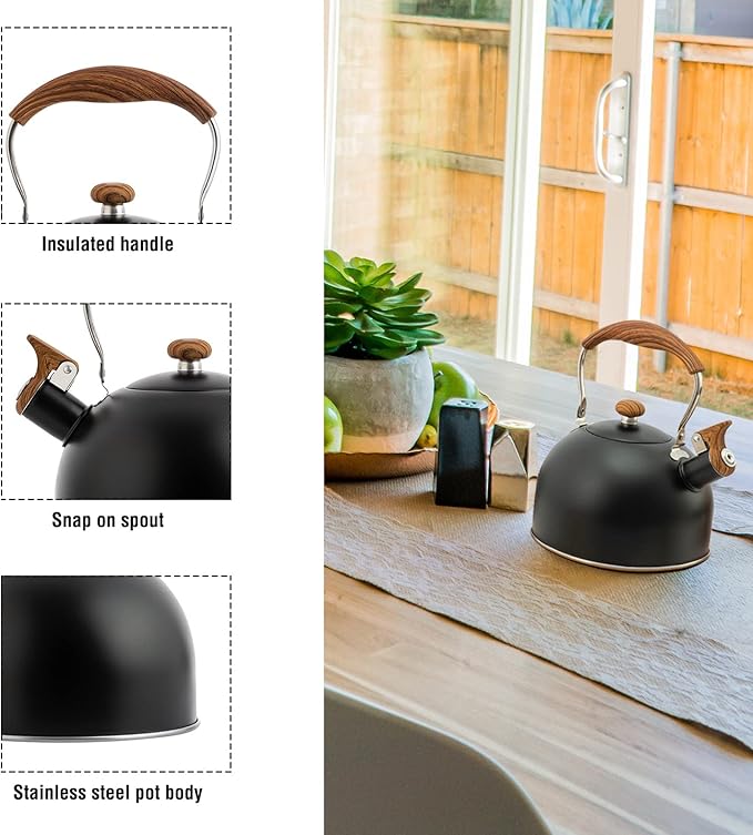 Whistling Tea Kettle 2.5L, Stainless Steel Kettle with Wood Pattern Folding Handle, for Tea Coffee (Black)