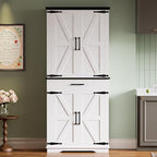 IRONCK Farmhouse Kitchen Pantry Cabinet, Tall Storage Cabinet with 6 Hanging Shelves and Adjustable Shelves, Freestanding Cupboard with Barn Doors for Kitchen, Dining Room，White/Black