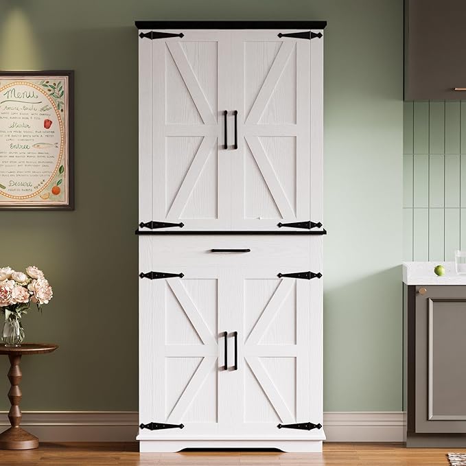 IRONCK Farmhouse Kitchen Pantry Cabinet, Tall Storage Cabinet with 6 Hanging Shelves and Adjustable Shelves, Freestanding Cupboard with Barn Doors for Kitchen, Dining Room，White/Black