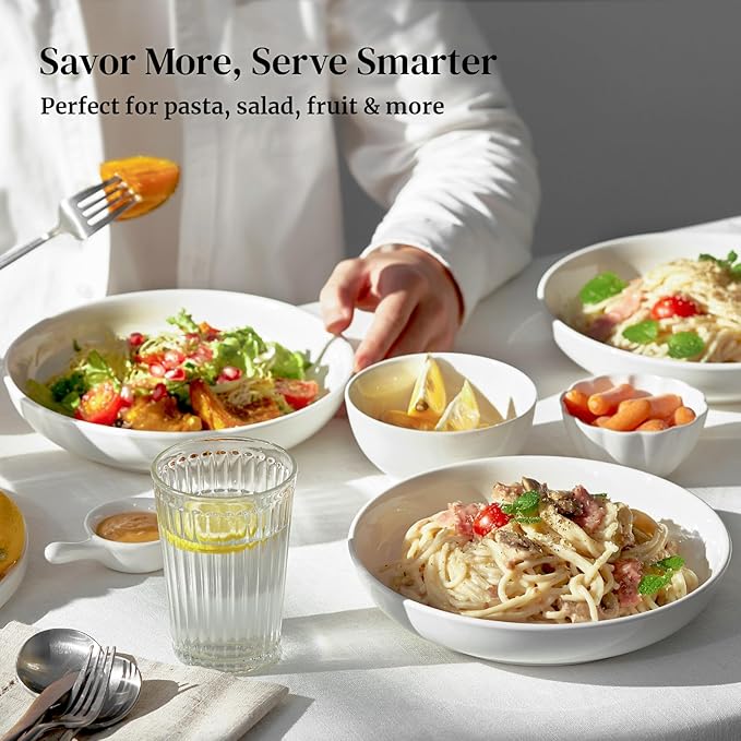DOWAN 8.5" Pasta Bowls, 32oz Salad Bowls Set of 6, Natural White Ceramic Serving Bowls, Porcelain Plate Bowl Serving Dish Shallow Bowls Set for Kitchen, Microwave Dishwasher Safe
