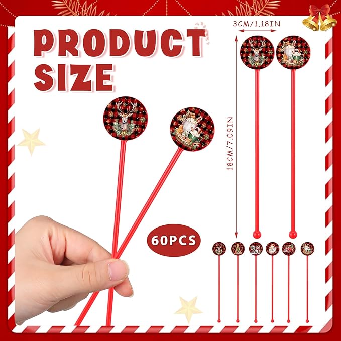 Meanplan 60pcs Christmas Swizzle Sticks Christmas Cocktail Stirrers Plastic Stir Sticks Xmas Santa Claus Snowman Decorations for Birthday Party Coffee Shop Supplies Favors Gifts(Buffalo Plaid)