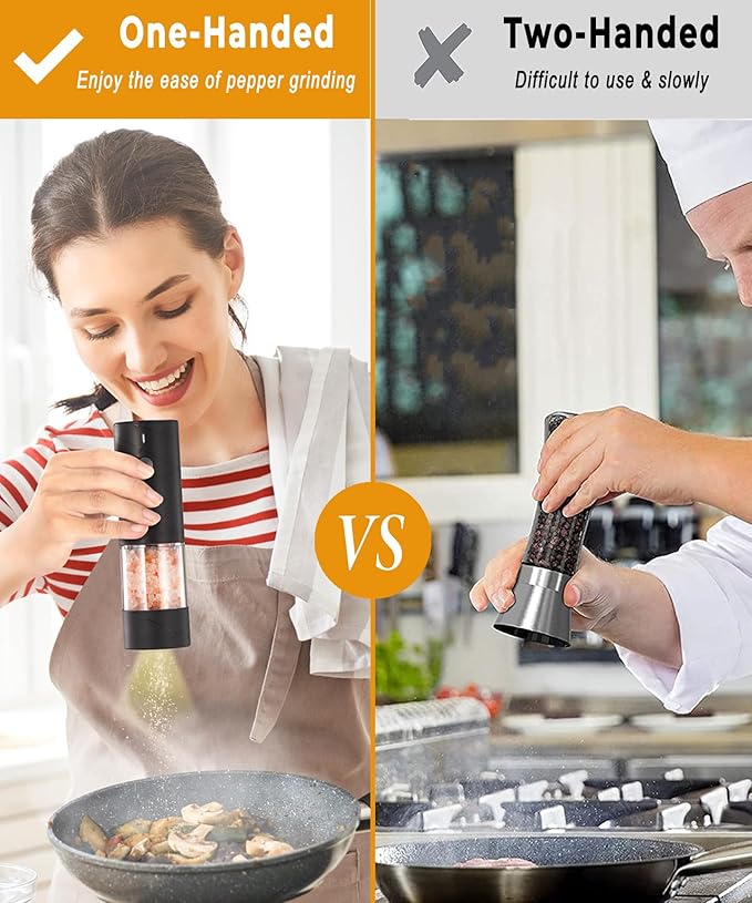 Rechargeable Electric Salt and Pepper Grinder Set - Extra Large Capacity - Automatic Black Peppercorn & Sea Salt Mill Grinders Set with Adjustable Coarseness & LED Light