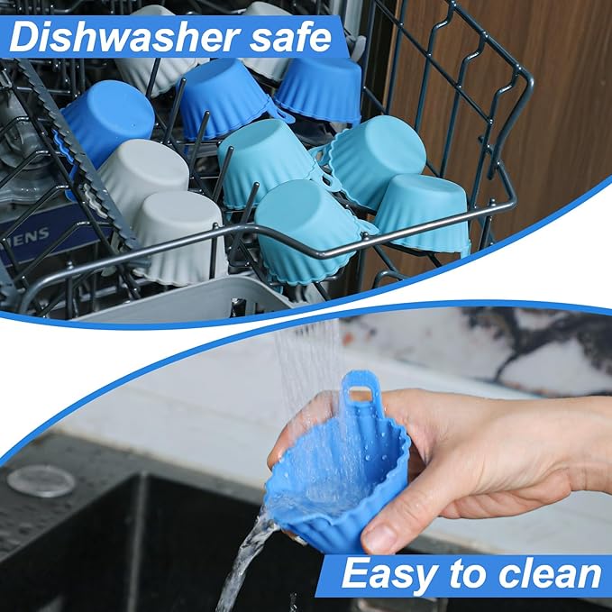 Koluti Nonstick Silicone Muffin Baking Cups Pack of 12, Reusable Cupcake Molds with Double Handle, BPA Free, Mini Round Air Fryer Cupcakes Liner, 3 Colors