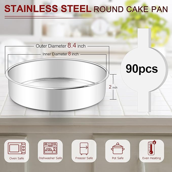 LIANYU 8 Inch Cake Pan Set of 3, Stainless Steel Round Baking Pans with 90 PCS Parchment Paper, Non Toxic Bakeware Tins for Layer Birthday Wedding Cake, Leak-proof & Dishwasher Safe