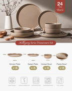 Famiware Milkyway Stoneware Dinnerware Sets with Pasta Bowls, Service for 6 (24 Pieces), Plates and Bowls Sets -Scratch Resistant, Microwave and Dishwasher Safe Dishes Set, Cinnamon Brown