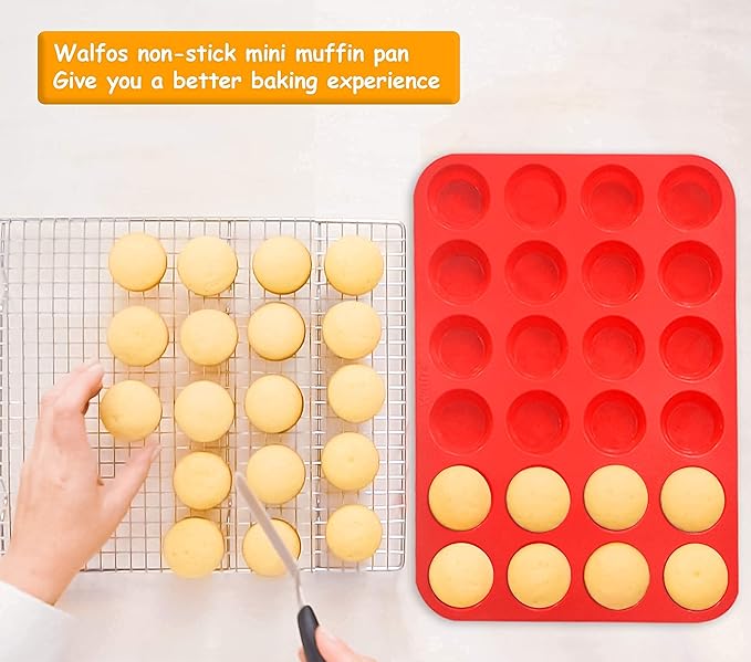 Walfos Silicone Cupcake Pan Set, 2-Piece Mini 24 Cups Muffin Baking Pan, BPA Free and Dishwasher Safe, Non-stick , Great for Making Muffin Cakes, Fat Bombs