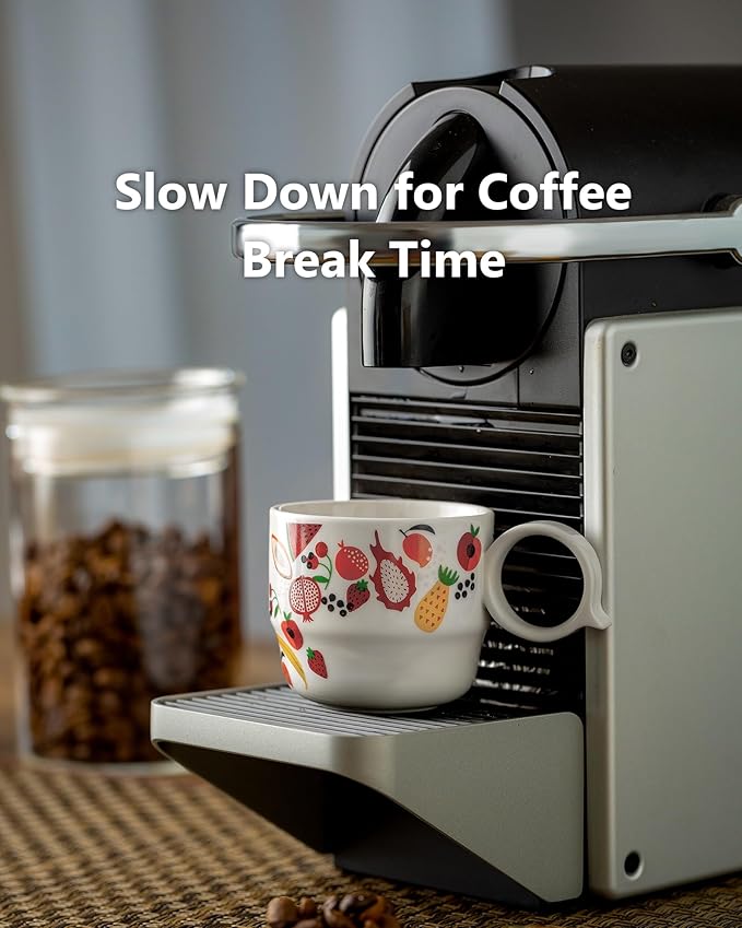 Ceramic Espresso Cups Set of 2 – Mini 3 oz Double Espresso Coffee Cups Small Espresso Shot Cups with Cute Q Handle, Gift for Coffee Lovers, Floral and fruit Patterns-White