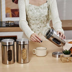 3 Pcs Stainless Steel Canister Set with Glass Windows Visible Storage Jars Silver Kitchen Canister Set for Pasta Flour Oat Sugar Container, Kitchen Tools, Housewarming Gifts(32 oz)