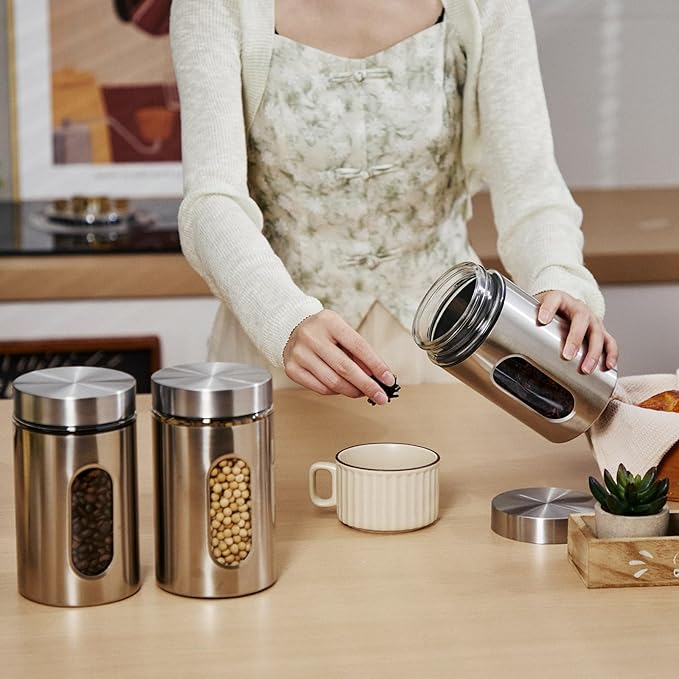 3 Pcs Stainless Steel Canister Set with Glass Windows Visible Storage Jars Silver Kitchen Canister Set for Pasta Flour Oat Sugar Container, Kitchen Tools, Housewarming Gifts(32 oz)