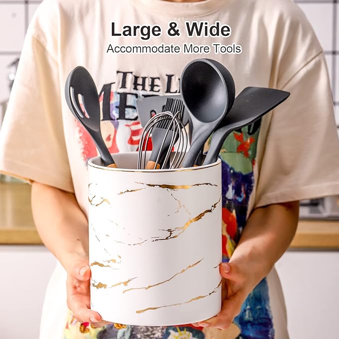 7" Marble Utensil Holder, Large Kitchen Utensil Holder Organizer , Golden Marble White Stable Utensil Crock Spatula Holder for Kitchen Counter Countertop Farmhouse Cooking Tools Holder