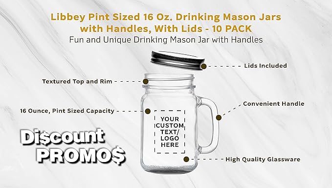 DISCOUNT PROMOS Custom Libbey Handle Mason Jars w/Lids 16 oz. Set of 10, Personalized Bulk Pack - Traditional style, High standard - Black