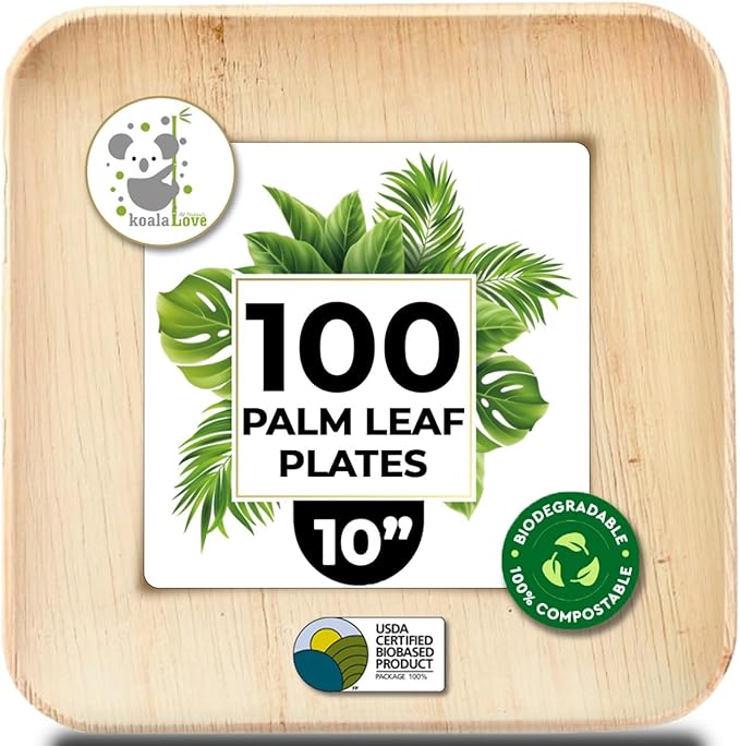 KoalaLove Palm Leaf Plates Bamboo Disposable Square 10 inch 100 Bulk Party Pack Elegant Sturdy Design Better Than Paper and Plastic Plate (KoalaLove -PLP-10IN-100-Plates)