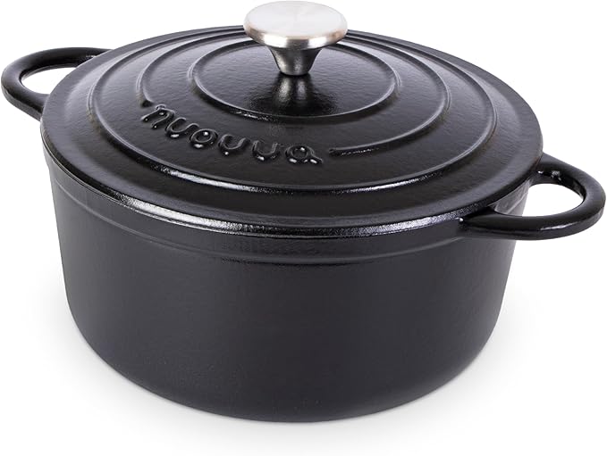 Cast Iron Pot with Lid – Non-Stick Ovenproof Enamelled Casserole Pot, Oven Safe up to 500° F – Sturdy Dutch Oven Cookware – Black, 5-Quart, 24cm – by Nuovva