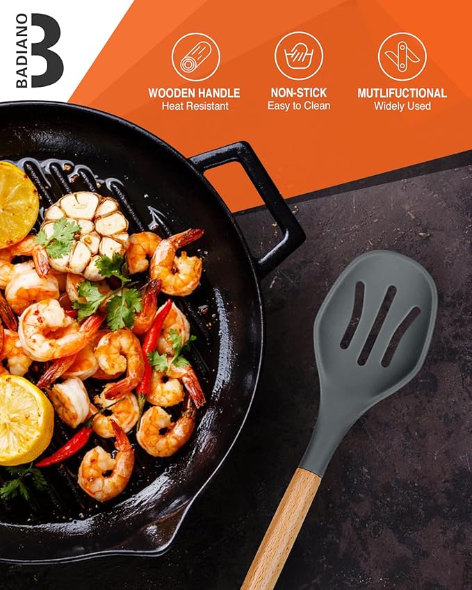 Large Silicone Cooking Spoons, 2 Pack Nonstick Solid and Slotted Wooden handle Spoon Set, Heat Resistan Silicone Kitchen Spoons for Cooking, Serving, Basting, Mixing (Grey)