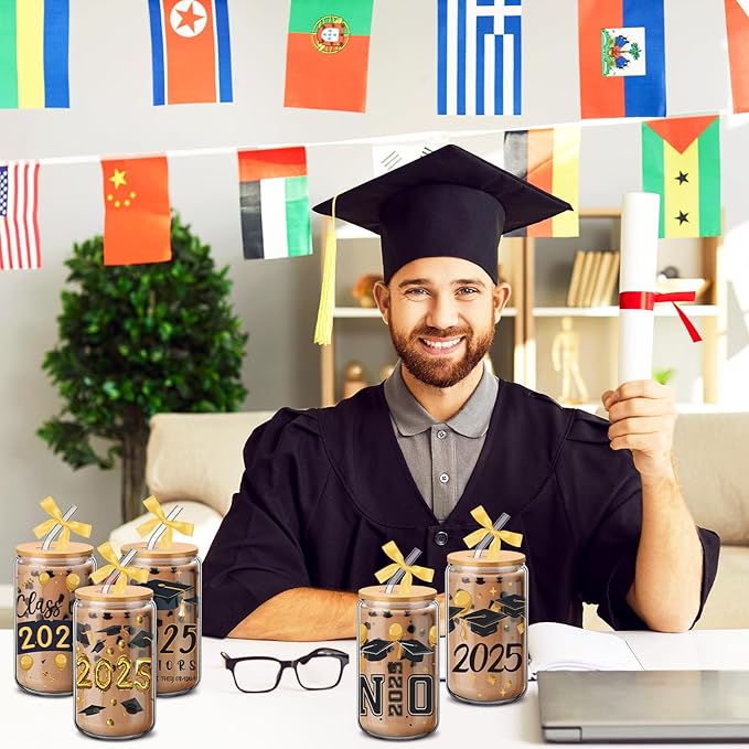 6 Pcs 2025 Graduation Gifts Class of 2025 Graduation Glass Cups with Lids and Straws 16 oz Grad Drinking Tumbler Graduate Iced Coffee Cup for College High School Student Grad Party Favor Gift