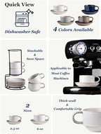 Gomakren 6 Ounce Cappuccino Cups with Saucers and Metal Stand, Stackable Coffee Cup Set of 4, Halloween Porcelain Espresso Cups for Coffee Drinks, Cappuccino, Latte, Americano, Tea, White