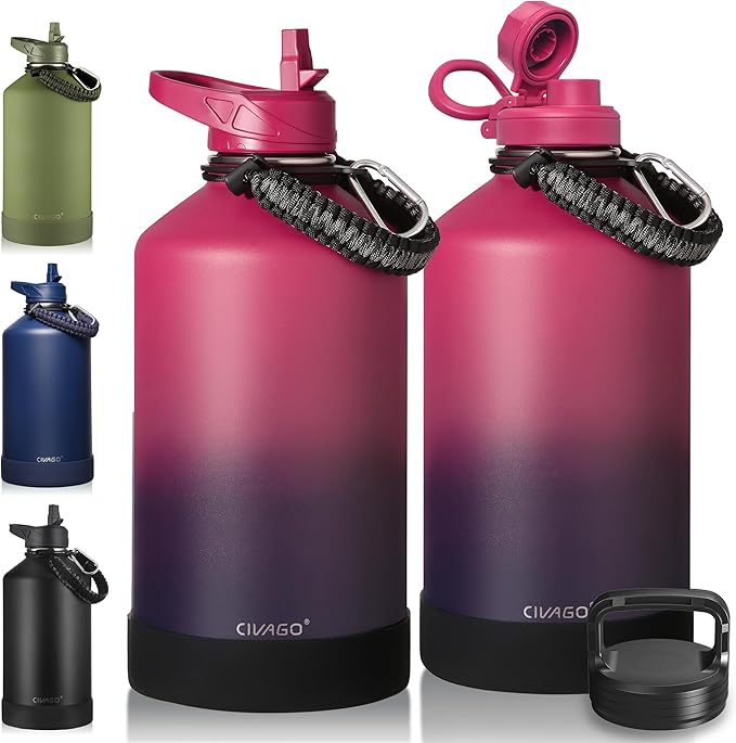 CIVAGO Gallon Insulated Water Bottle Jug with Straw, 128 oz Large Stainless Steel Water Flask, Big Metal Thermal Mug with 3 Lids for Sports, Travel, Gym, and Camping, Dark Rainbow
