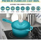 E-far Enameled Cast Iron Sauce Pan, 2 Quart Dutch Oven Saucepan with Lid, Small Sauce Pot for Cooking, Boiling, Healthy & Non Toxic, Induction & Oven Safe, Green