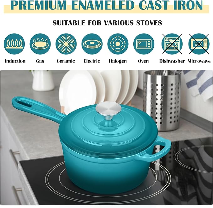 E-far Enameled Cast Iron Sauce Pan, 2 Quart Dutch Oven Saucepan with Lid, Small Sauce Pot for Cooking, Boiling, Healthy & Non Toxic, Induction & Oven Safe, Green