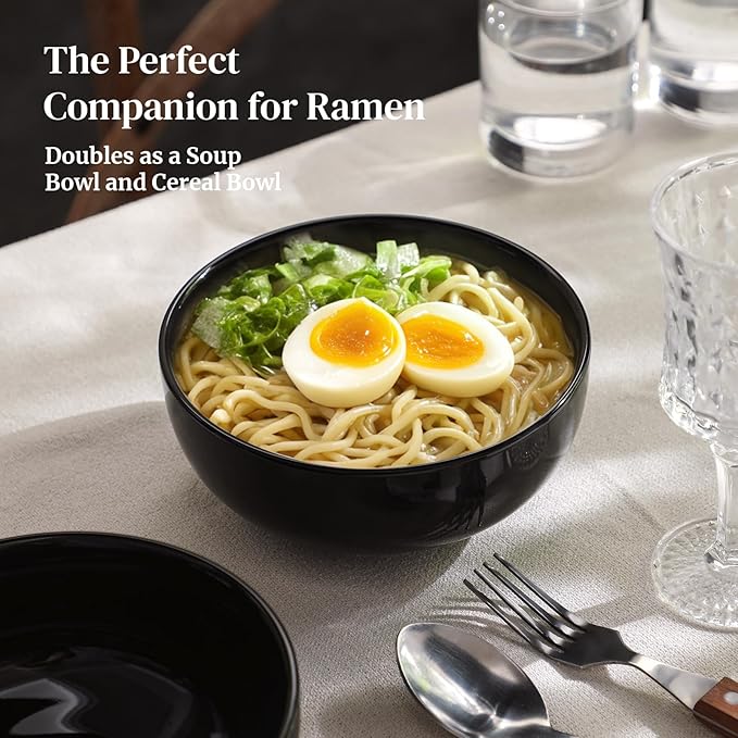 DOWAN 22 OZ Ceramic Soup Bowls & Cereal Bowls - 6" Classic Bowls Set of 4 for Soup, Cereal, Oatmeal, Fruit, Rice - Dishwasher & Microwave Safe (Black)