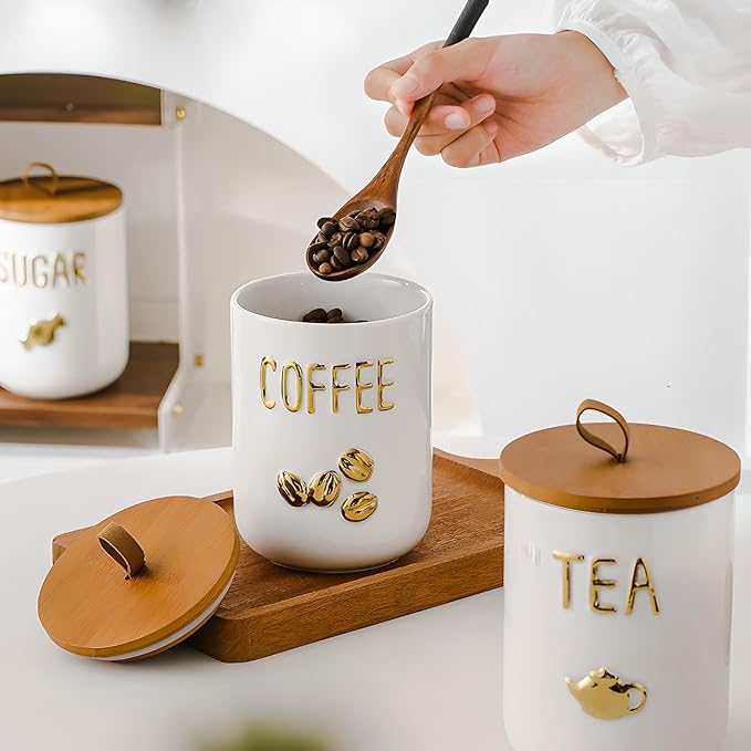 YYW Kitchen Canisters for Countertop, White Airtight Ceramic Canister with Seal Wooden Lid Storage Container for Coffee Bean Ground Coffee Sugar and Tea (Three piece)