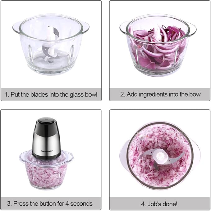 Electric Food Chopper, 5-Cup Food Processor by Homeleader, 1.2L Glass Bowl Grinder for Meat, Vegetables, Fruits and Nuts, Stainless Steel Motor Unit and 4 Sharp Blades, 300W