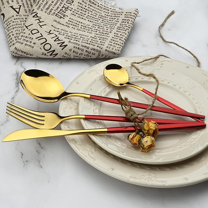 24Pcs Gold Mirror Silverware Flatware With Red Handle, 18/0 Stainless Steel Cutlery Set Utensils Kitchen Dinnerware Include Knife Fork Spoon and Teaspoon, Service for 4