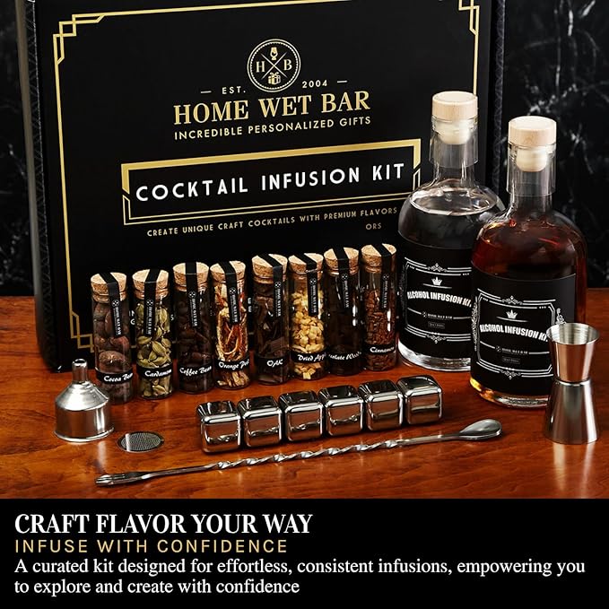 Premium DIY Whiskey Making Kit – 15-Piece Cocktail Infusion Set with Recipe Guide, Glass Bottles, Stainless Cubes, & Bar Tools – Ideal for Whiskey, Bourbon, Vodka, Gin, & Tequila Enthusiasts