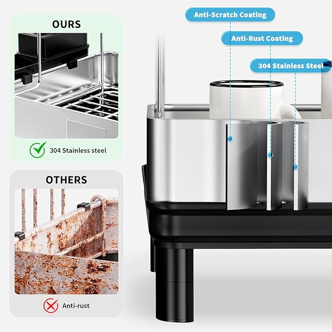 Dish Drying Rack, 2 Tier Large Dish Rack, Stainless Steel Dish Drainer for Kitchen Counter, Dishes Rack with Automatic Drainage, Utensil Holder,Cups Holder,Space Saving Kitchen Organizer,Black