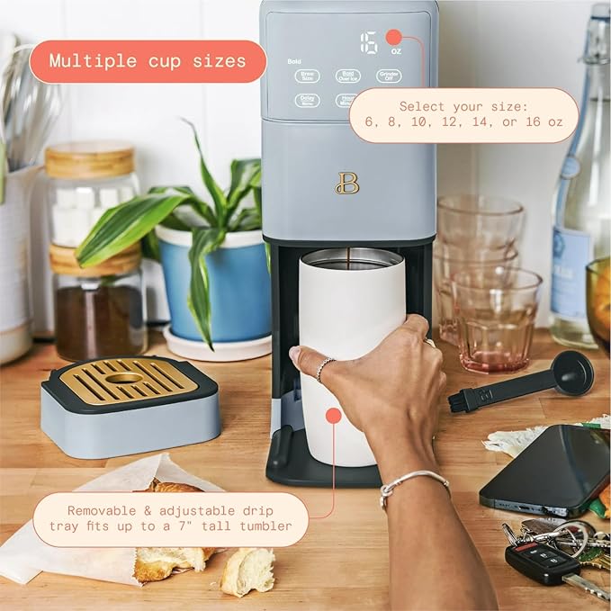 Beautiful Perfect Grind Programmable Single Serve Coffee Maker with Touch-activated Display, Programmable and Integrated Burr Grinder, 64oz Water Reservoir (Cornflower Blue)