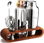 Mixology & Craft Bartender Kit: 10-Piece Cocktail Shaker Set with Dark Bamboo Stand | Complete at Home Bar Set with Bar Accessories | Great Housewarming Gift | Leak-Proof Design (Silver)