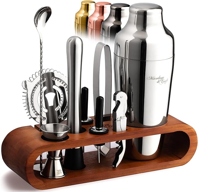 Mixology & Craft Bartender Kit: 10-Piece Cocktail Shaker Set with Dark Bamboo Stand | Complete at Home Bar Set with Bar Accessories | Great Housewarming Gift | Leak-Proof Design (Silver)