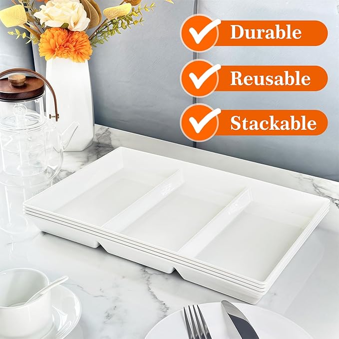 Divided Serving Tray Platter, 3 Pack 15" x 10" Fruit Veggie Food Tray for Party, Plastic Serving Trays for Appetizer, Snack, Dessert, Cookie, Brunch Decorations Platters, White Trays BPA-Free