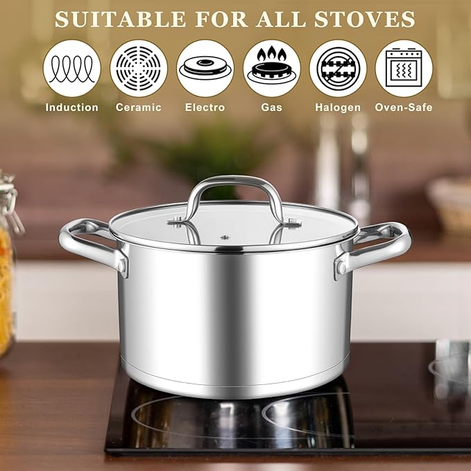Leonyo 5 Quart Stock Pot with Lid, 18/10 3-ply Stainless Steel Stockpot for Induction Ceramic Gas Stoves, Heavy Duty Cooking Pot for Canning, Boiling, Simmering, Cooking Pot for Pasta, Soup, Spaghetti