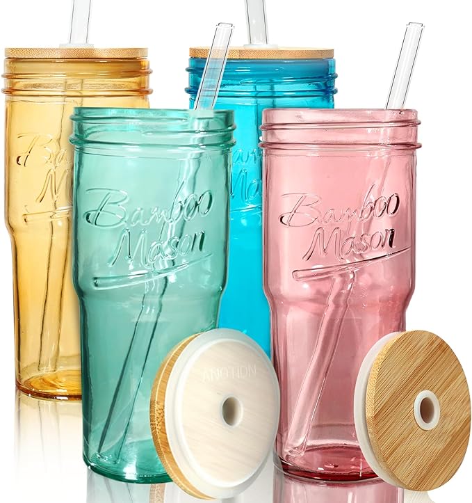 ANOTION Colored Glass Cups with Lids and Straws - 24oz Travel Coffee Mug Wide Mouth Mason Jar Iced Coffee Cup Smoothie Cup Glass Tumbler Tea Cup Clear Cute Water Cups Colorful Drinking Glasses