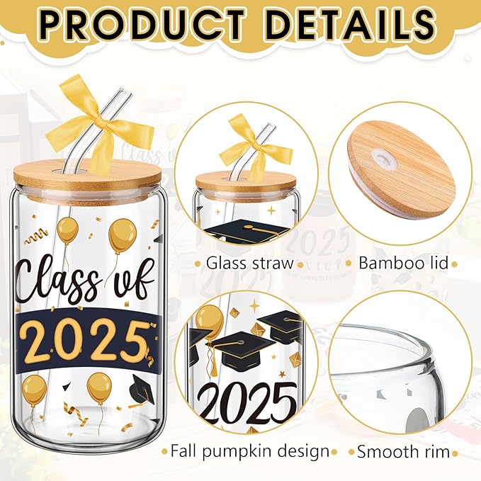 6 Pcs 2025 Graduation Gifts Class of 2025 Graduation Glass Cups with Lids and Straws 16 oz Grad Drinking Tumbler Graduate Iced Coffee Cup for College High School Student Grad Party Favor Gift