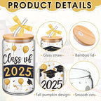6 Pcs 2025 Graduation Gifts Class of 2025 Graduation Glass Cups with Lids and Straws 16 oz Grad Drinking Tumbler Graduate Iced Coffee Cup for College High School Student Grad Party Favor Gift