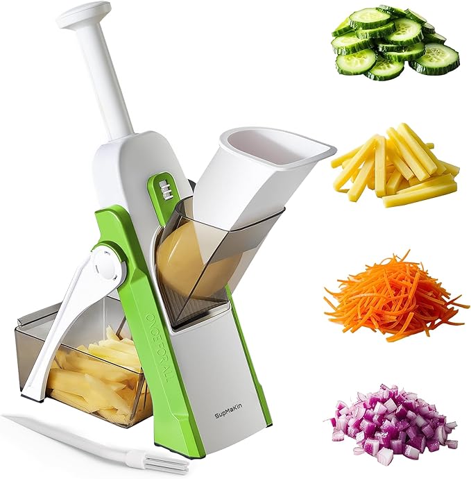 SupMaKin Upgrade Safe Mandoline Slicer, Vegetable Chopper, Potato Slicer 4 Modes Adjustable Thickness Food Cutter, Kitchen Chopping Artifact (6 in 1 Green)