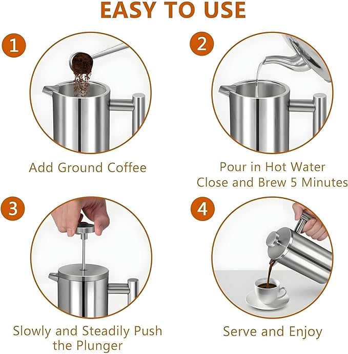 Large French Press Coffee Maker 50oz (1.5L), 304 Stainless Steel Double Wall Insulated Tea Press for Camping, Backpacking, Party, Travel, Gift Set, Dishwasher Safe (Silver, 6-8 Cups)