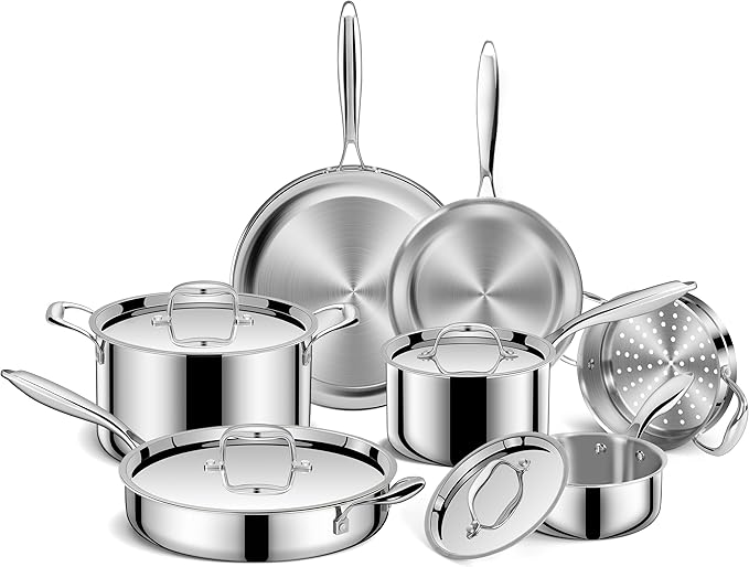 EWFEN Pots and Pans Set, 3 Ply 11 Piece Stainless Steel Cookware Set, Oven Dishwasher Safe | Induction Compatible Frying Pans, Saucepans, Saute Pan & Stock Pot, PFOA Free Kitchen Skillet