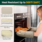 Beneno Kitchen Oven Mitts 2-Pack Heat Resistant to 500°F with Non-Slip Silicone Grip, Extra Long 14.3" Forearm Protection, Soft Quilted Cotton Terry Lining, Ideal for Cooking, Baking, Grilling, Beige