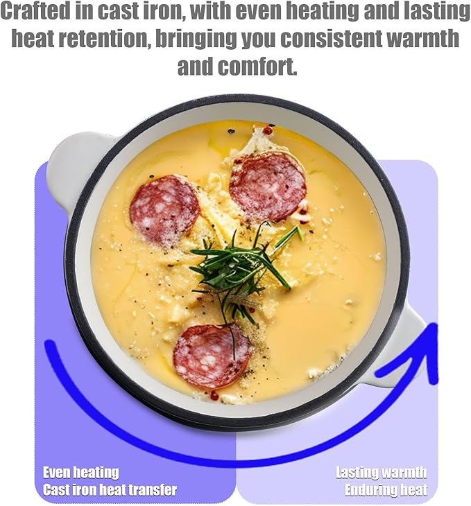 Artestia Cast Iron Fondue Pot Set for Chocolate Cheese Swiss Fondue Set for Meat with 6 Fondue Forks, Cheese Camping Fondue Set Serve 6 Persons(White)