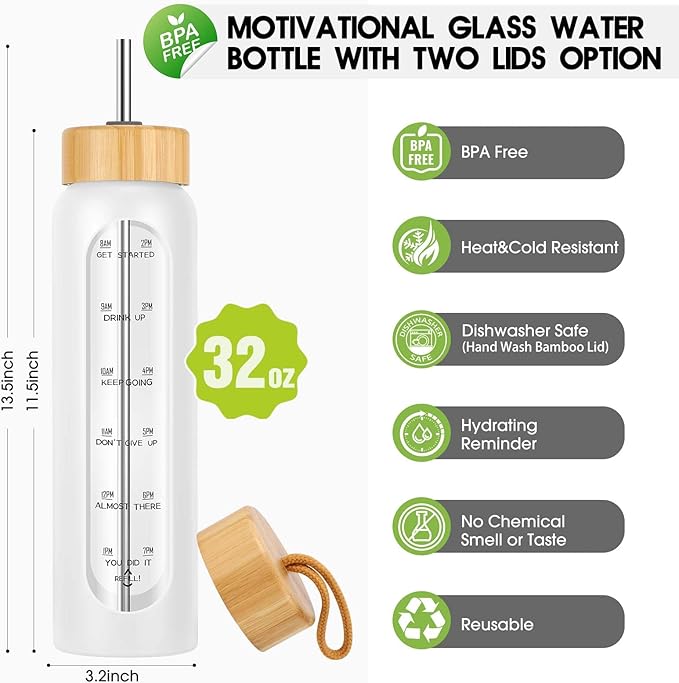 32 oz Glass Water Bottle with Straw - Motivational Time Marker & Silicone Sleeve - Reusable Tumbler Includes 2 Bamboo Lids & Fruit Infuser - 1 Pack