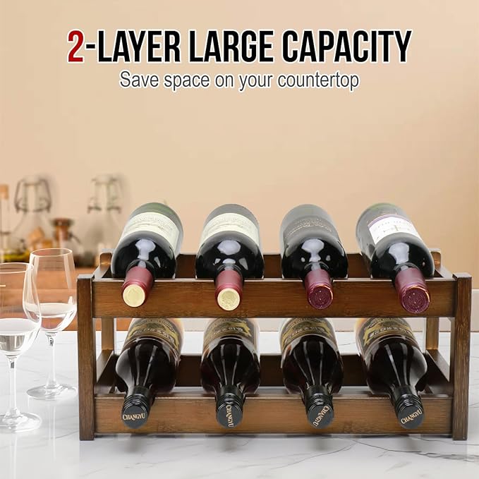 Bamboo Wine Rack, 2-Tier 8 Bottles Wine Storage Cabinet Shelf, Easy-Assembly Freestanding Bamboo Wine Racks Countertop for Kitchen Pantry Dining Room Bar, Walnut