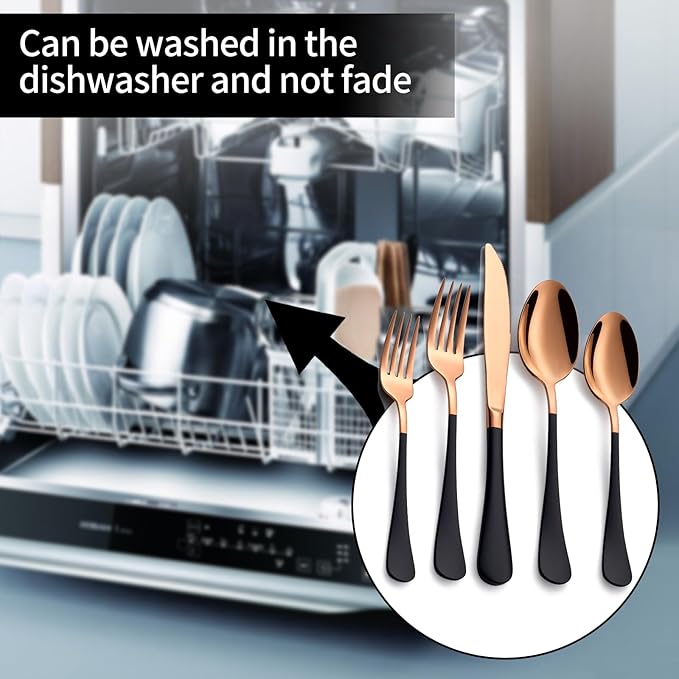 20-Pieces Rose Gold and Black Silverware Sets for 4,Black Handle Stainless Steel Cutlery Set, Include Forks Spoons and Knives Set, Dishwasher Safe Utensil Sets for Home Restaurant
