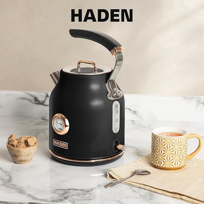 Haden Dorset 1.7 Liter Stainless Steel Electric Kettle, Hot Water Kettle with 360-Degree Base and Auto Shutoff, Black & Copper