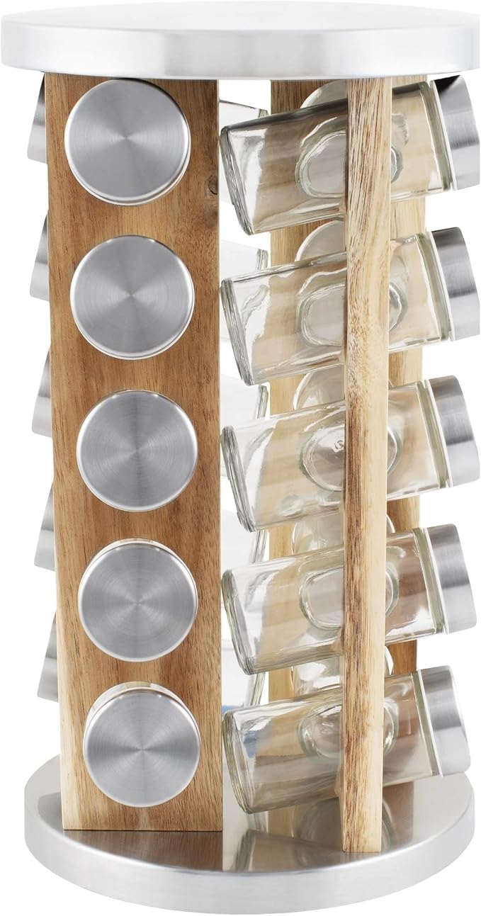 Orii Natural Acacia Wood Spice Rack with 20 EMPTY jars with Stainless Steel Lids and FREE Stainless Steel Funnel and Labels