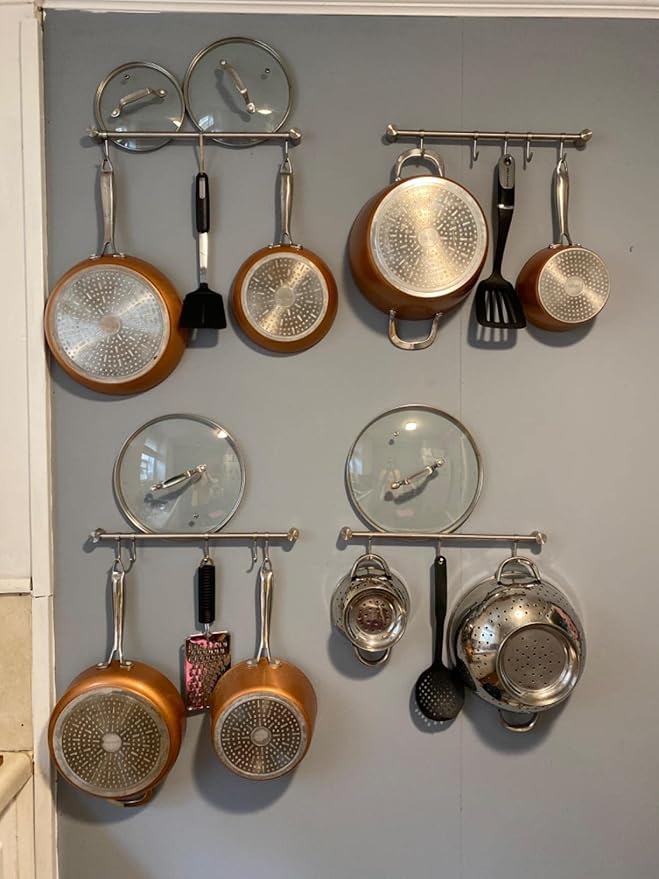 Kitchen Utensil Rack 2 Pack, 15.6 Inch Pots and Pans Hanging Rack Wall Mounted, 304 Stainless Steel Lid Cooking Utensil Hanger, 7 Sliding Hooks for Spatula Spoon, Measuring Cups, Coffee Mug