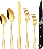 EUIRIO 24-Piece Gold Silverware Set with Steak Knives, Stainless Steel Flatware Set for 4, Mirror Gold Cutlery with Unique Floral Laser, Includes Spoons, Forks, Knives, Dishwasher Safe