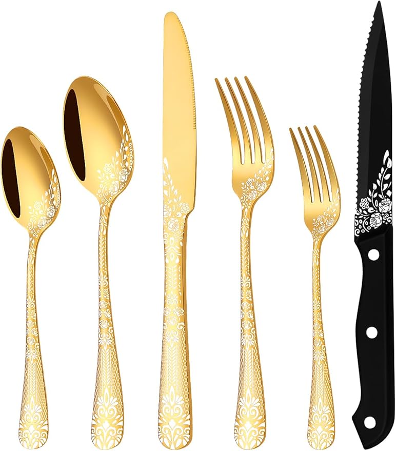 EUIRIO 24-Piece Gold Silverware Set with Steak Knives, Stainless Steel Flatware Set for 4, Mirror Gold Cutlery with Unique Floral Laser, Includes Spoons, Forks, Knives, Dishwasher Safe